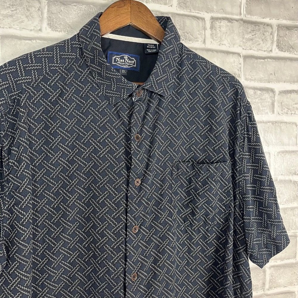 Nat Nast Mens XL Black Zig Zag Geometric Silk Blend Casual Short Sleeve Shirt